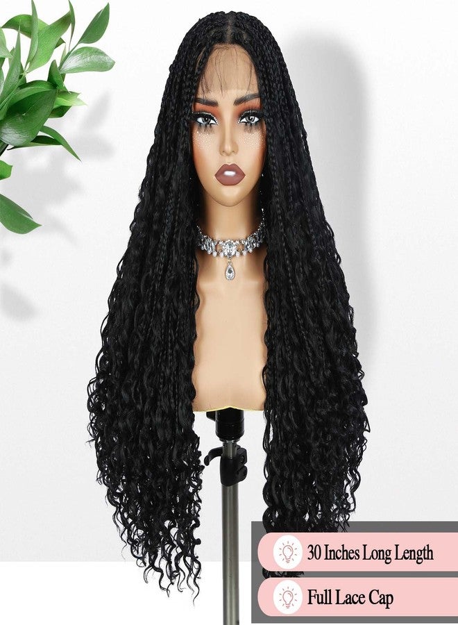 Fancy Hair Braided Wig Square Knotless Boho Box Braided Wigs with Curly Ends Full Double Lace Glueless Braids Wig with Baby Hair Synthetic Black Braided Wig for Black Women - Image 2